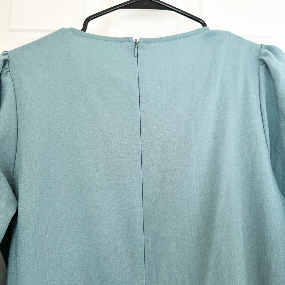 Teal A-Line Pleated Dress with Bishop Sleeves - Picture 5 of 7